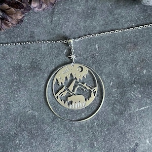 Celestial Cabincore Bear Mountain Pendant Necklace; Wanderlust Jewelry; Aesthetic Jewelry; Choice of Length; Gift for Campers