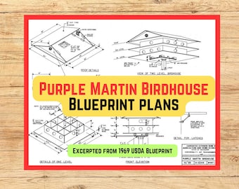 Projeto de casa para pássaros Purple Martin (download instantâneo em PDF, projeto de 1 página, publicação do USDA de 1969)