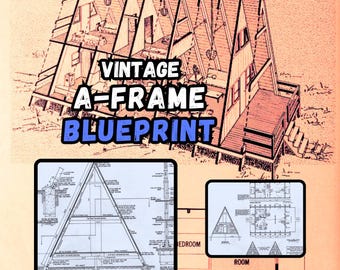 Vintage A-Rahmen Cabin Plan BLUEPRINT, 24 'x 20' | 1 Bad, 2 Schlafzimmer, kleines Haus, DIY Haus Plan, kleine Haus Pläne, Cottage Plan, Büro
