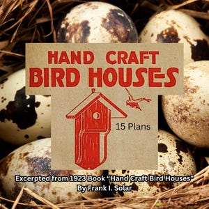 May include: A vintage book excerpt titled "Hand Craft Bird Houses" with 15 plans, featuring a red illustration of a birdhouse and a flying bird. The text is set against a backdrop of speckled eggs and straw.