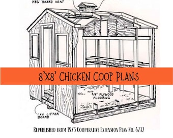 8&#39;x8&#39; Chicken Layer Coop Plans (PDF file instant download, republished from 1970s extension service plans, 1 page of 4 drawn diagrams)