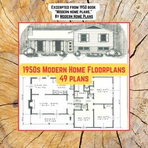 May include: An illustration of a two-story house with a detailed floor plan. The text reads "1950s Modern Home Floorplans" and "49 Plans." The image is from a 1950 book titled "Modern Home Plans."