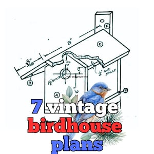 Puede incluir: Un dibujo en blanco y negro de un plano de una casa para pájaros con medidas en pulgadas. El texto "7 vintage birdhouse plans" está en letras rojas, azules y blancas con una ilustración de un pájaro azul.