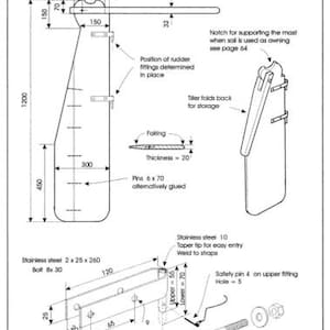 May include: Detailed technical drawing of a boat rudder system, featuring dimensions in inches and millimeters. Includes diagrams of various components, such as the tiller, rudder fittings, and safety pin. The drawing provides specifications for stainless steel parts.