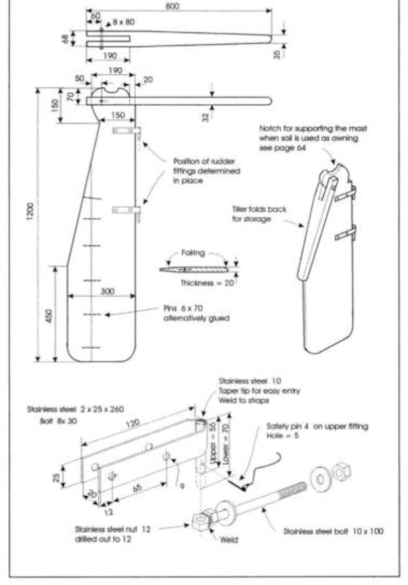 May include: Detailed technical drawing of a boat rudder system, featuring dimensions in inches and millimeters. Includes diagrams of various components, such as the tiller, rudder fittings, and safety pin. The drawing provides specifications for stainless steel parts.
