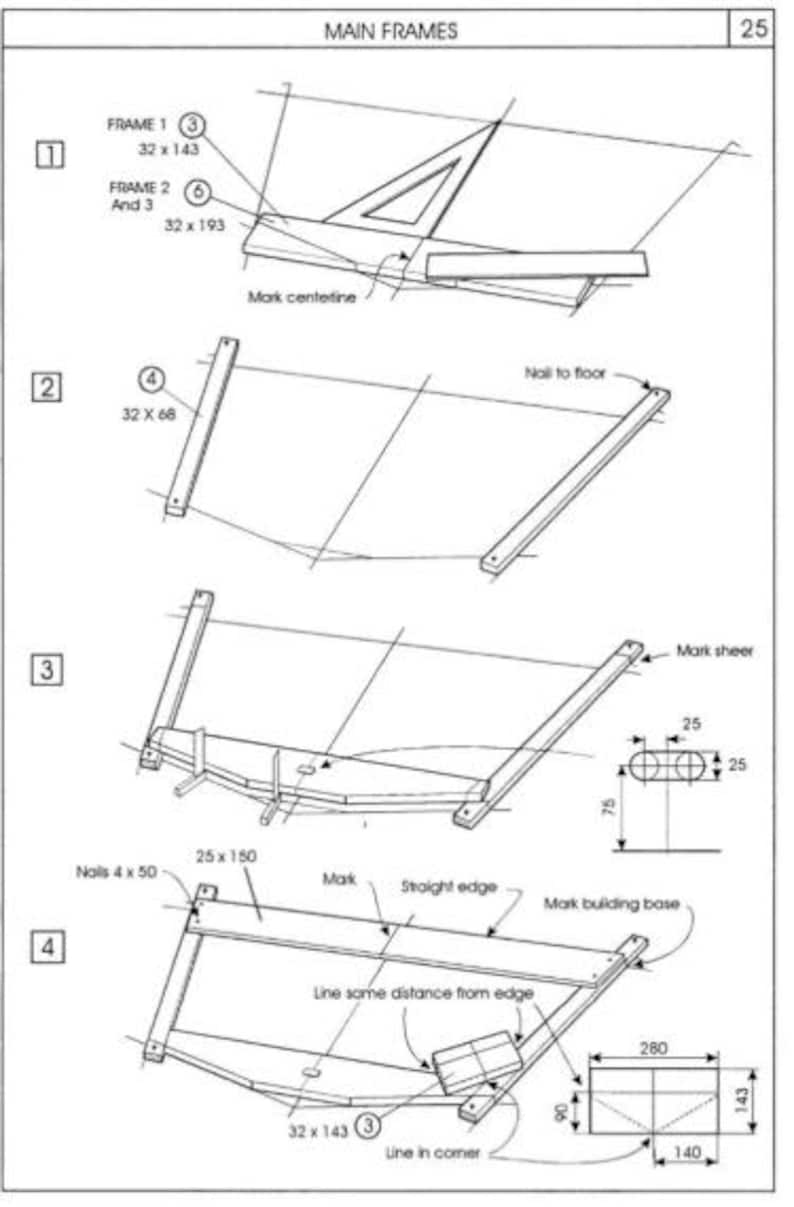 May include: Detailed technical drawing of main frames, with dimensions in inches. Includes diagrams for Frame 1 (32 x 143), Frame 2 and 3 (32 x 193), and other components. Features labels like "Mark centerline" and "Nail to floor".