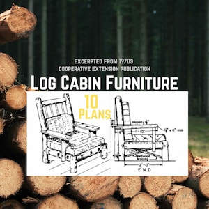 May include: A black and white line drawing of a log cabin chair with a 10 plans title. The chair is made of logs and has a simple design. The drawing is on a white background. Excerpted from 1970s Cooperative Extension Publication. Log Cabin Furniture.