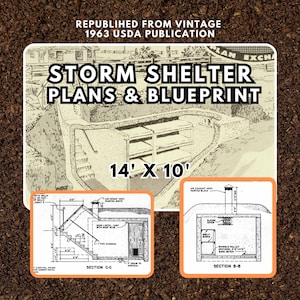 May include: A vintage 1963 USDA publication blueprint for a 14 foot by 10 foot storm shelter. The blueprint includes two cross-sections of the shelter, showing the construction details and dimensions.