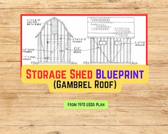 10'X12' Storage Shed Blueprint Plans, Gambrel Roof (PDF Instant Download, 1-page blueprint from 1970 USDA Plan)