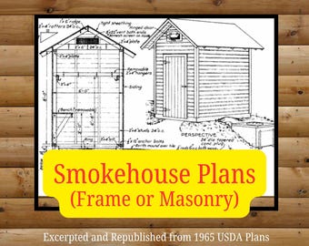 May include: Black and white smokehouse plans, labeled "Smokehouse Plans (Frame or Masonry)". The image includes detailed diagrams and a perspective view of a small wooden structure. Text at the bottom reads "Excerpted and Republished from 1965 USDA Plans."