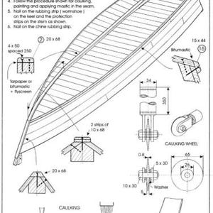 May include: Detailed technical illustration of boat construction, focusing on caulking and planking techniques. Includes diagrams of various components, measurements in inches and millimeters, and instructions for applying mastic and paint. The image is a page from a manual.