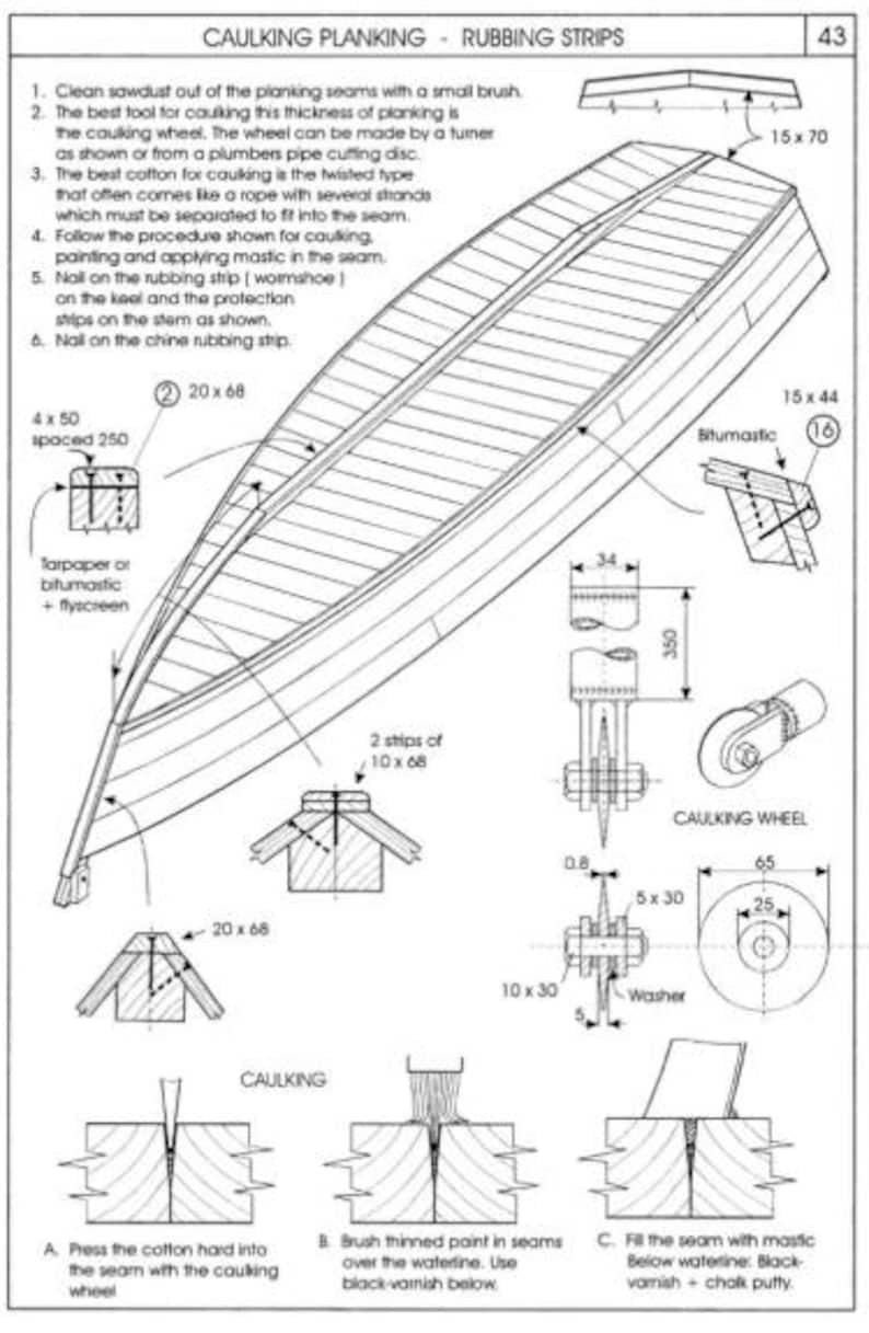 May include: Detailed technical illustration of boat construction, focusing on caulking and planking techniques. Includes diagrams of various components, measurements in inches and millimeters, and instructions for applying mastic and paint. The image is a page from a manual.