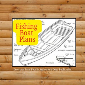 Puede incluir: Un diagrama en blanco y negro de un barco de pesca con el texto "Fishing Boat Plans" en un cuadro amarillo. El diagrama incluye medidas y un extracto de una publicación.