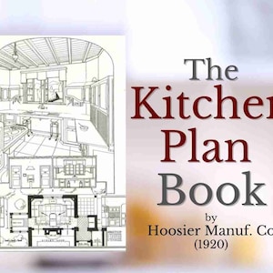 Może przedstawiać: Czarno-biała ilustracja planu kuchni z książki "The Kitchen Plan Book" autorstwa Hoosier Manuf. Co. (1920). Ilustracja przedstawia kuchnię z zlewem, kuchenką, szafkami i stołem.