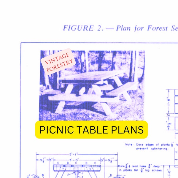 Vintage Picnic Table Plans (PDF, instant download and build today, includes working drawing, directions, materials list)