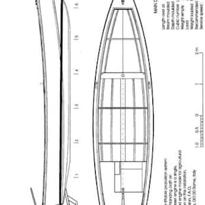 May include: Line drawing of a small boat, showing side, top, and rear views, with dimensions in meters and feet. The boat's length overall is 24.3 feet, beam is 6.1 feet, and depth is 2.4 feet. Includes details on engine installation and specifications.
