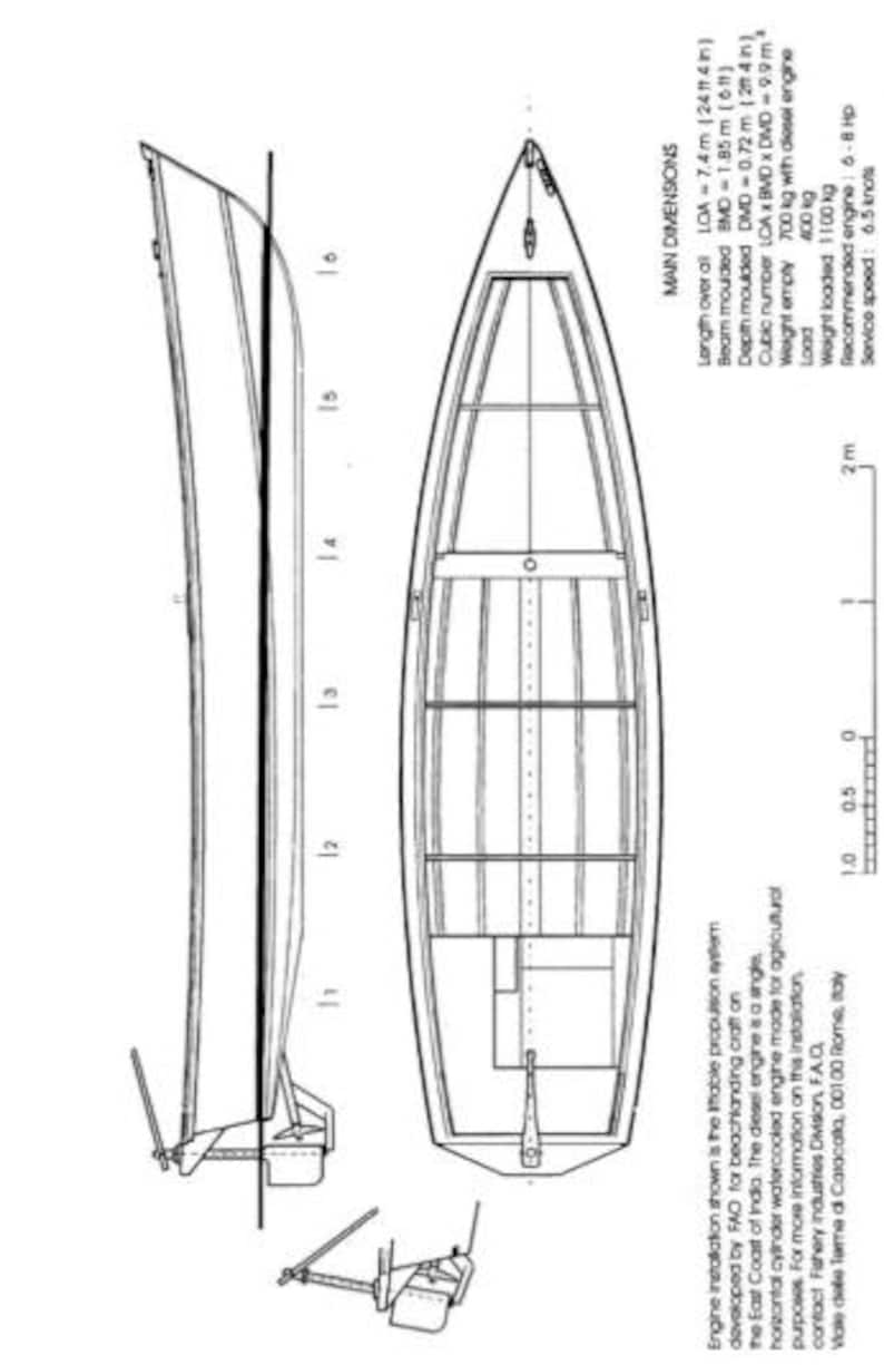 May include: Line drawing of a small boat, showing side, top, and rear views, with dimensions in meters and feet. The boat's length overall is 24.3 feet, beam is 6.1 feet, and depth is 2.4 feet. Includes details on engine installation and specifications.