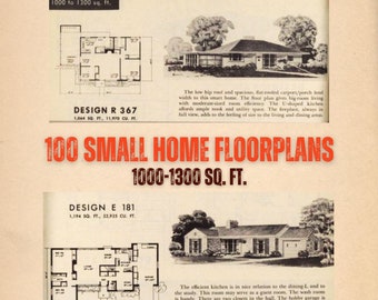 100 Small Home Floorplans, 1000-1300 sq. ft. (pdf electronic file, downloadable, printable)