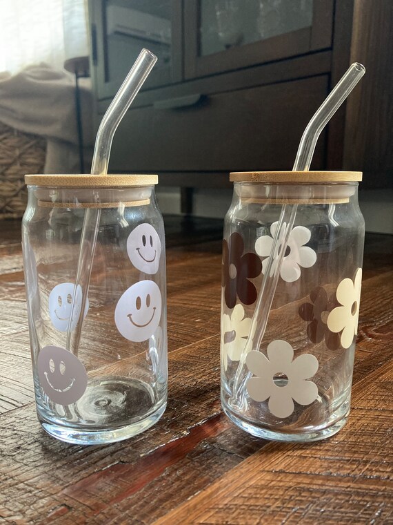 Preppy Water Glass With Bamboo Top and Glass Straw 