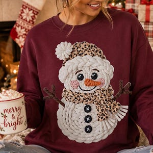 Leopard Print Yarn Snowman Sweatshirt | Winter DTF Sweater