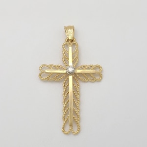 Vintage 14k Yellow Solid Gold Diamond Cross Pendant Charm