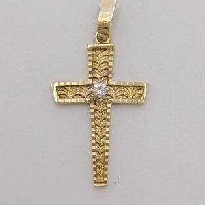Vintage 14k Yellow Solid Gold Cross with Diamond Pendant Charm