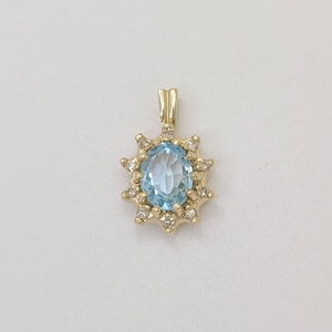 Vintage 14k Yellow Solid Gold Blue Topaz Diamond Pendant Charm