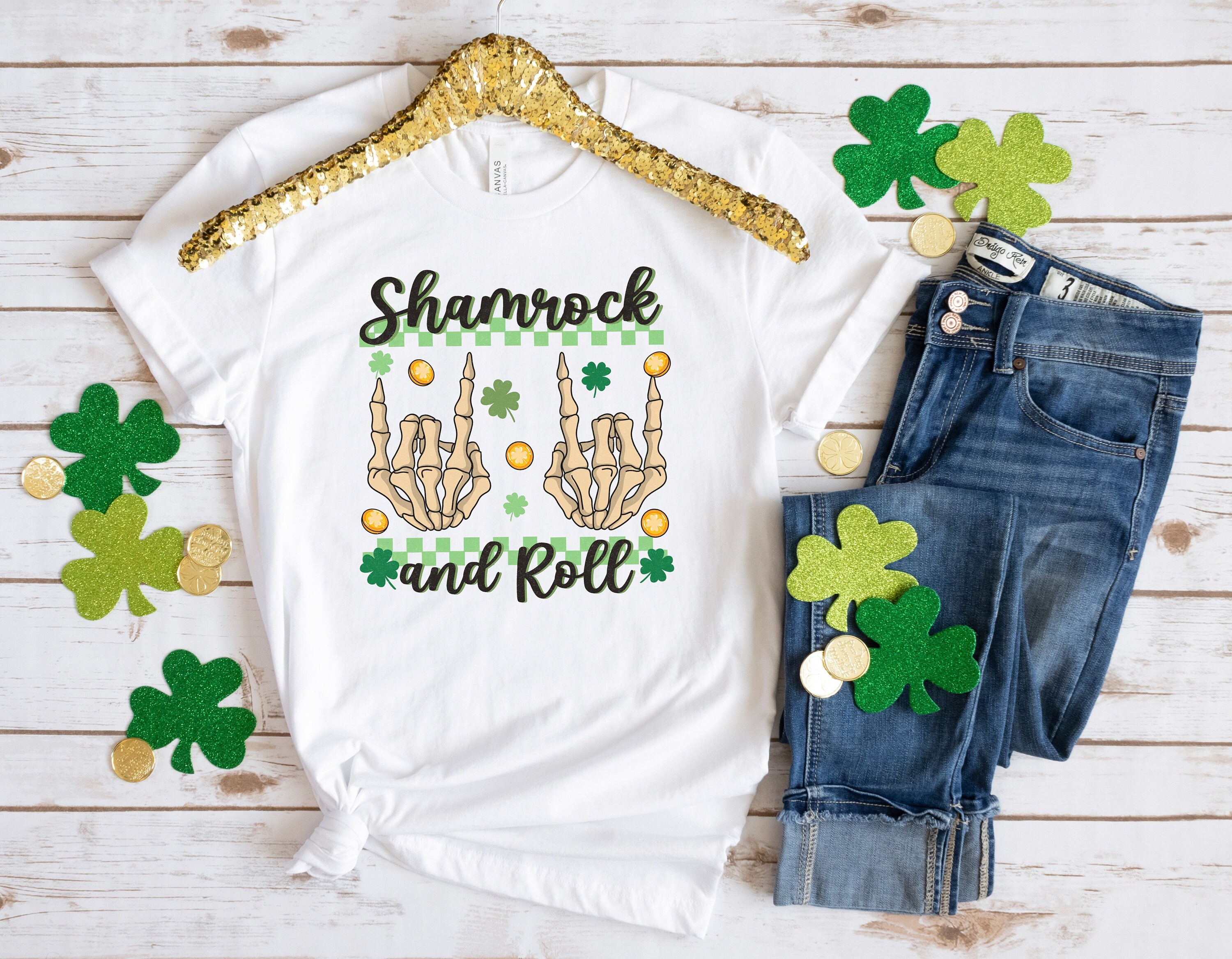 Discover Shamrock And Roll Tee,Skeleton St Patricks Day Shirt,Lucky Leopard Print Skeleton Tshirt