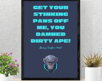 Planet of the Apes Film Poster | Quote from Movie | A4 Wall Art | 70s cinema | Charlton Heston | Framing option | "you damned dirty ape"