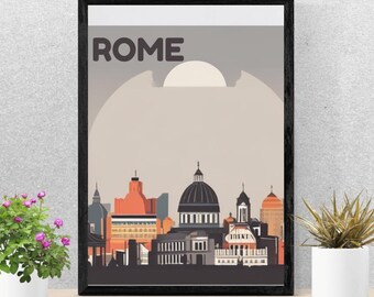 May include: A black framed poster with a gray background and the word "ROME" in black text. The poster features a stylized cityscape of Rome with buildings in shades of orange, brown, and gray.