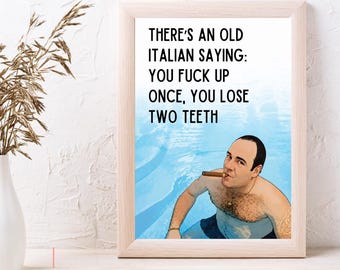 May include: A framed print featuring a light-skinned person with dark hair in a swimming pool, holding a cigar in their mouth. The text reads: THERE'S AN OLD ITALIAN SAYING: YOU FUCK UP ONCE, YOU LOSE TWO TEETH. The frame is light-colored wood.