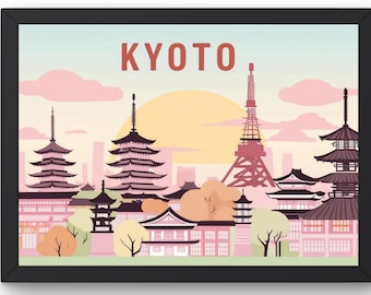 May include: A colorful illustration of the Kyoto skyline featuring iconic landmarks like pagodas and temples. The illustration is set against a pink and blue sky with a yellow sun. The text "KYOTO" is displayed in bold red letters at the top of the image.