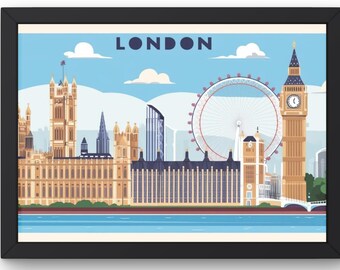 May include: A colorful illustration of the London skyline featuring iconic landmarks like Big Ben, the London Eye, and the Houses of Parliament. The image has a retro, vintage style with a blue sky and white clouds.