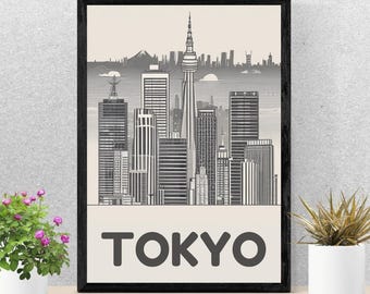 May include: Black and white illustration of the Tokyo skyline with the text "TOKYO" at the bottom of the image.