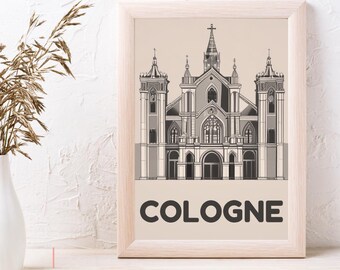 May include: A framed print of a black and white illustration of a church with the word "COLOGNE" printed below it.