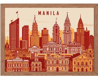 May include: A framed illustration of the Manila skyline, featuring several tall buildings in red, orange, and yellow hues. The text "MANILA" is printed in red at the top of the image.