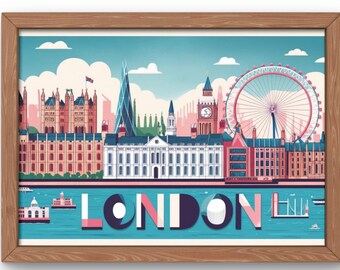 May include: A colorful illustration of the London skyline featuring iconic landmarks like Big Ben, the London Eye, and the Shard. The word "LONDON" is written in large, stylized letters below the skyline.