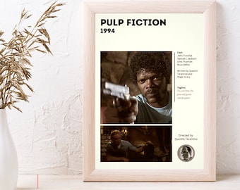 May include: A movie poster for the film Pulp Fiction, released in 1994. The poster features a black and white image of John Travolta holding a gun, with the text "Pulp Fiction" and "1994" in bold black font.
