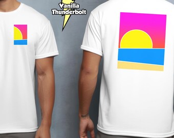 Sunrise Over Water T-Shirt – Pink Sky Blue Waves Graphic – Bold Colour Art Shirt – Front & Back Print – White Cotton Unisex