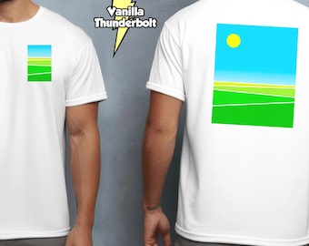 Bold Landscape Art T-Shirt – Green Fields Sunny Sky – Front & Back Print – Bright Colour Design – White Cotton Unisex Shirt