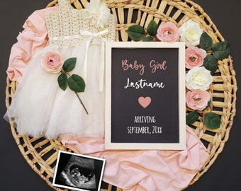 Girl Pregnancy Announcement, Baby Reveal, Editable Digital Template (Digital Download)