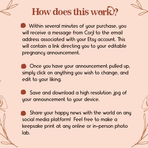 May include: A pink and brown illustrated guide with floral accents explaining how to use a digital pregnancy announcement template. The text reads "How does this work?" and includes instructions on how to edit, download, and share the announcement.