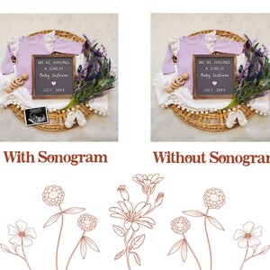 May include: A gender reveal announcement with a letter board that reads "We're having a girl! Baby Jastrane July, 20XX". The letter board is surrounded by a white blanket, a purple flower bouquet, a wooden rattle, and a pair of white baby shoes. A sonogram image is placed next to the letter board.
