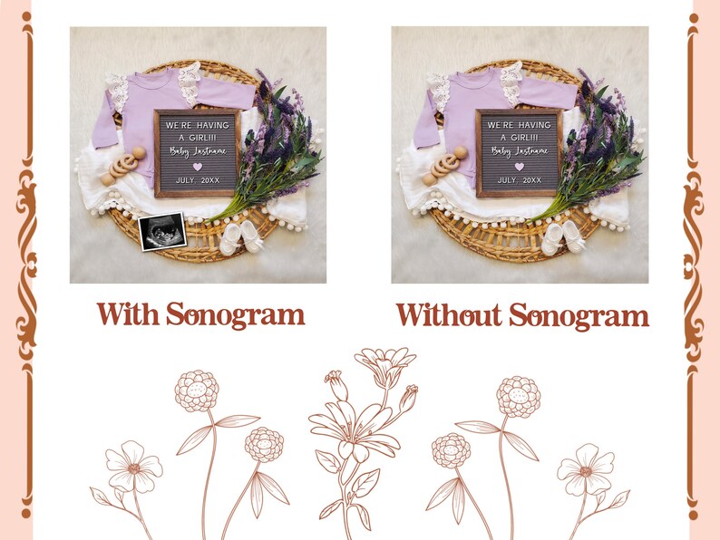 May include: A gender reveal announcement with a letter board that reads "We're having a girl! Baby Jastrane July, 20XX". The letter board is surrounded by a white blanket, a purple flower bouquet, a wooden rattle, and a pair of white baby shoes. A sonogram image is placed next to the letter board.