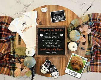 Anúncio de gravidez de cachorro para outono, Ação de Graças, Anúncio digital de bebê com cachorro, Anúncio de bebê de Ação de Graças com cachorro, Mídia social