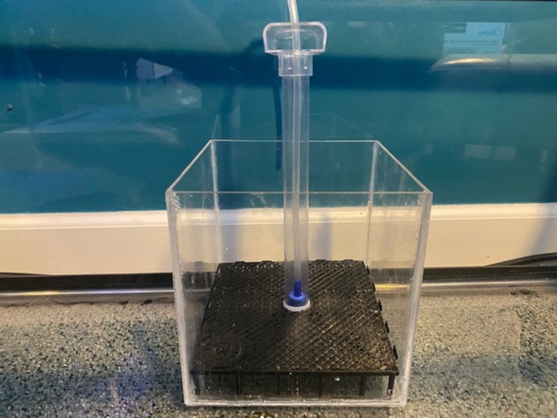 May include: A clear, rectangular aquarium filter with a black, textured base. A clear tube extends from the base, connected to a clear plastic top. The filter is designed for aquatic environments.