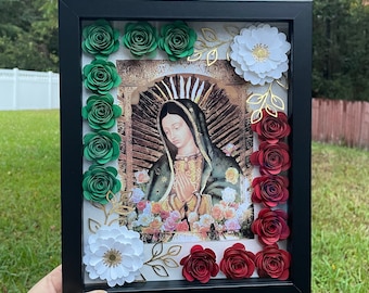 Virgen de Guadalupe shadow box Our lady of Guadalupe Caja con flores y Virgen de Guadalupe Paper Flowers Virgencita, cuadro 8x10