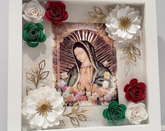Virgen de Guadalupe Shadow Box with Paper Flowers