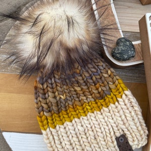 Luxury Unique one of a kind handmade 100% pure Merino wool super soft Winter hat women's gift ready to ship w/ detachable faux fur pom pom