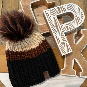 Luxury Unique One of a kind Colorblock 100% pure merino wool super soft with detachable faux fur pom pom ready to ship